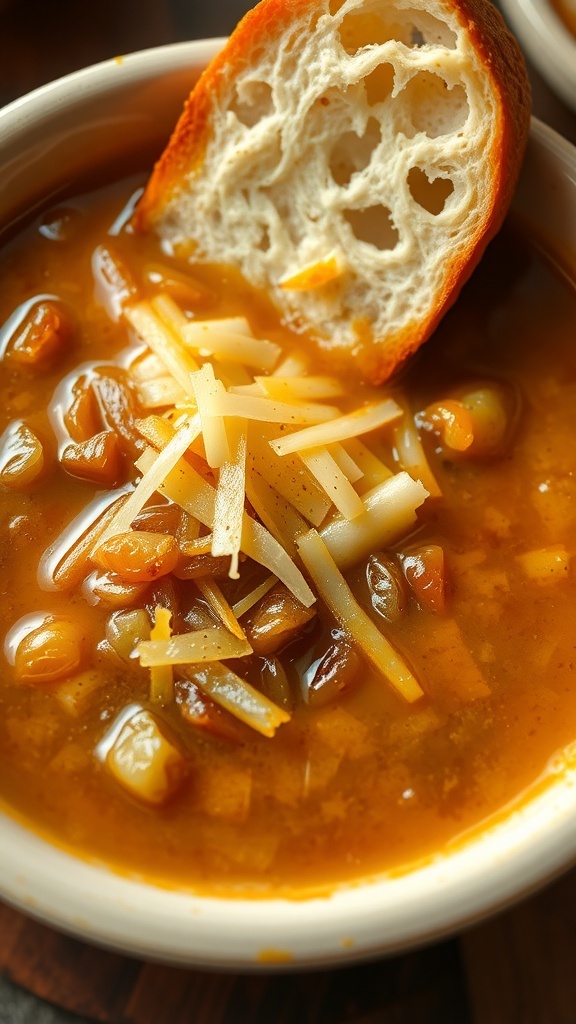 A bowl of French onion soup with melted cheese on top, accompanied by crusty bread.